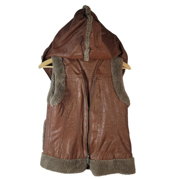 Miilla Shearling Faux Leather Vest Brown Small Lined Zip Pockets Hood Vegan READ - Picture 10 of 13